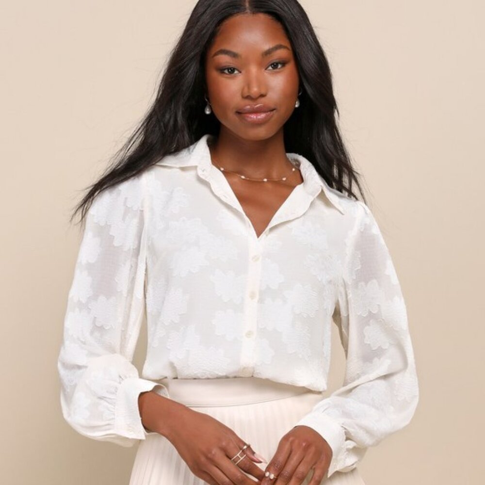 Lulus Elevated Aura Ivory Burnout Floral Button-front Bodysuit White - Size S